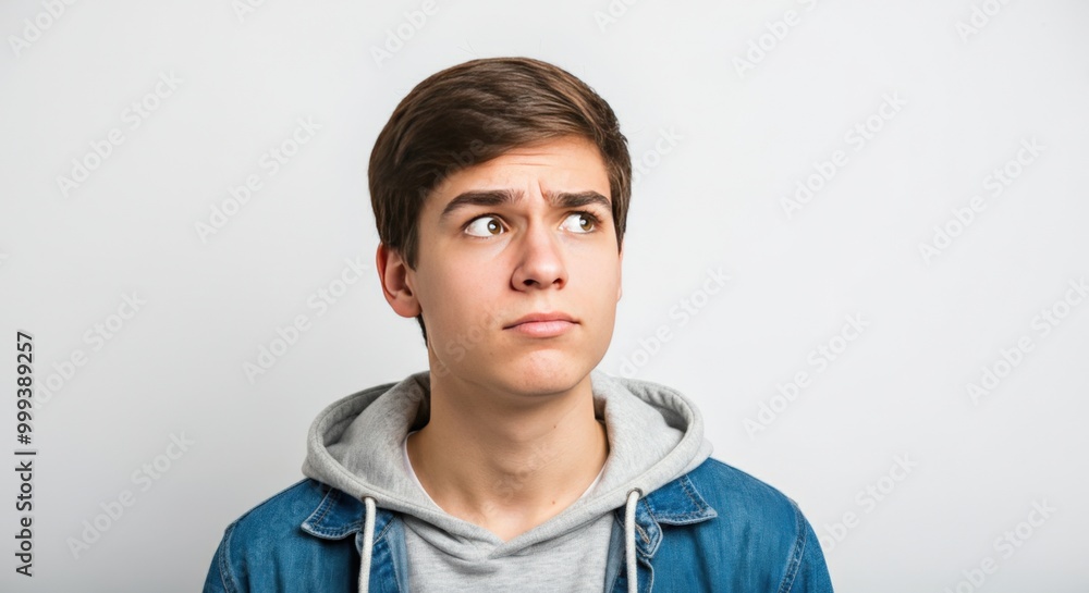 Young Man Looking Up and to the Side in a Blue Denim Jacket Young Man Looking Up and to the Side in a Blue Denim Jacket