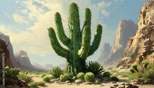 Majestic green cactus towering over a vibrant desert landscape with smaller cacti enhancing the serene, natural beauty of the scene