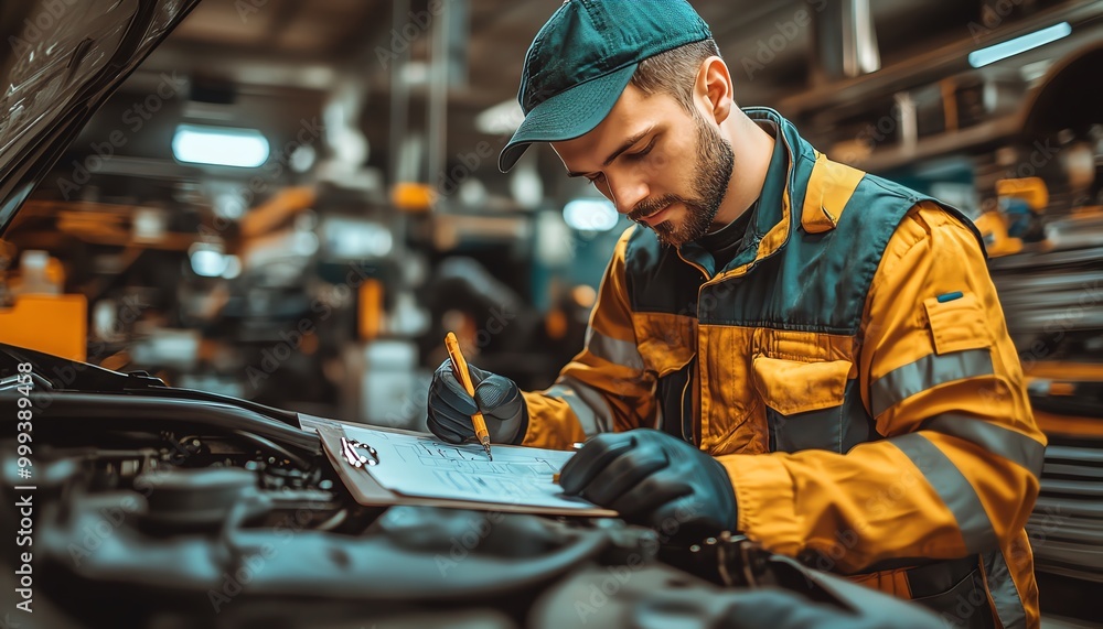 Engineer at a vehicle garage, checking engine and writing job checklist for repairs, car service and maintenance inspection by mechanic Engineer at a vehicle garage, checking engine and writing job checklist for repairs, car service and maintenance inspection by mechanic