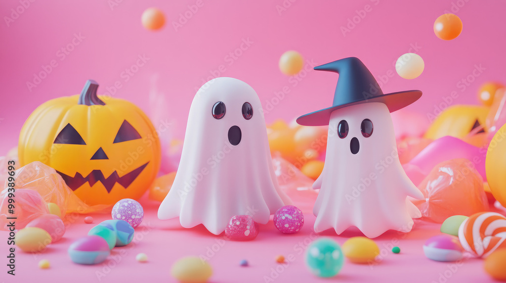 Two ghosts are standing in front of a pumpkin and a candy bowl Two ghosts are standing in front of a pumpkin and a candy bowl