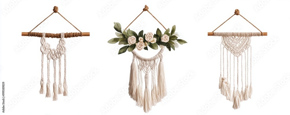 Naklejka premium Three stylish wall hangings featuring macramé designs with natural accents, perfect for adding a bohemian touch to any decor.