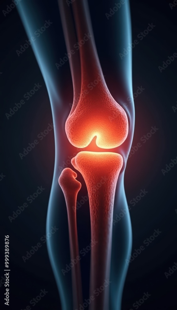 Digital illustration showcasing a close-up view of a human knee joint, highlighting anatomical details with glowing effects, ideal for healthcare and educational purposes. Digital illustration showcasing a close-up view of a human knee joint, highlighting anatomical details with glowing effects, ideal for healthcare and educational purposes.