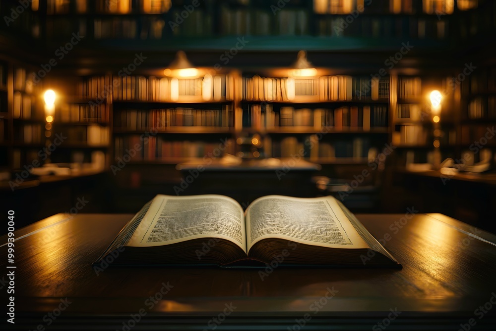 Open Book on Wooden Desk in Library with Bookshelf Background Open Book on Wooden Desk in Library with Bookshelf Background