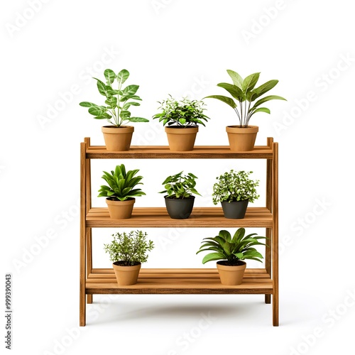 Wooden Plant Stand with Green Potted Plants on White Background