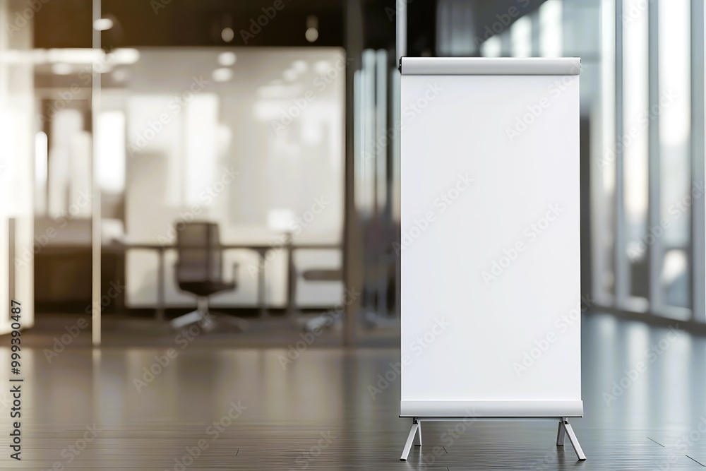 Blank Roll Up Banner Stand in Modern Office Interior Blank Roll Up Banner Stand in Modern Office Interior
