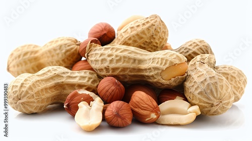 Close-up of peanuts and hazelnuts with one open peanut showing the inside.