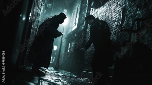 A street robbery in progress, with a mugger holding up a pedestrian at knifepoint in a dark alley, creating an intense scene. photo