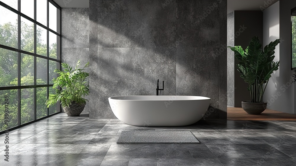 Modern Minimalist Bathroom Design with Bathtub and Large Window Modern Minimalist Bathroom Design with Bathtub and Large Window