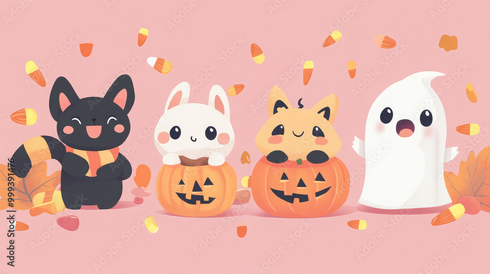 A cartoon of four cats and a ghost are sitting in pumpkins A cartoon of four cats and a ghost are sitting in pumpkins