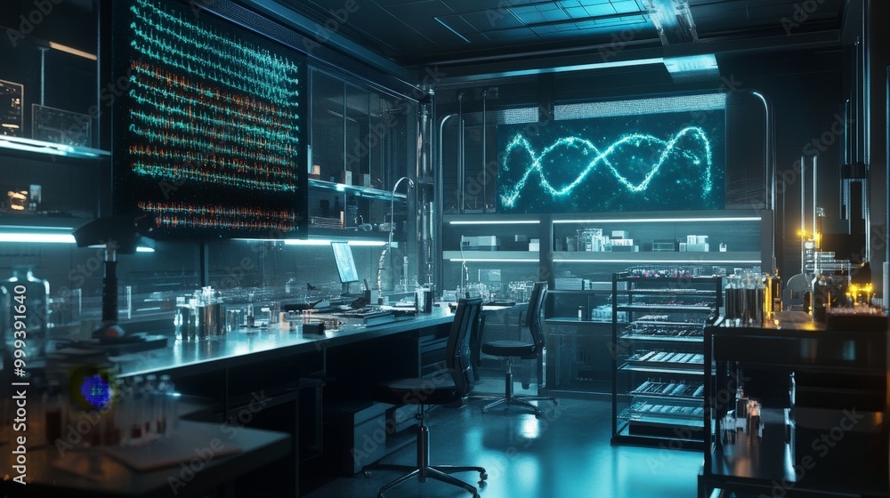 A synthetic biology lab focused on creating artificial life forms, using genetic engineering and CRISPR technology. A synthetic biology lab focused on creating artificial life forms, using genetic engineering and CRISPR technology.