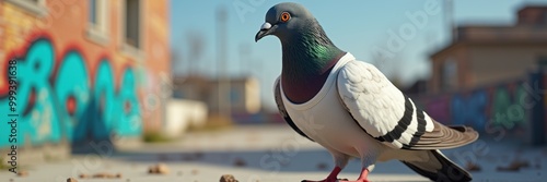 A vibrant close-up of a pigeon in an urban setting, highlighting street art in the background. Perfect for projects related to city life, wildlife, or street culture. photo