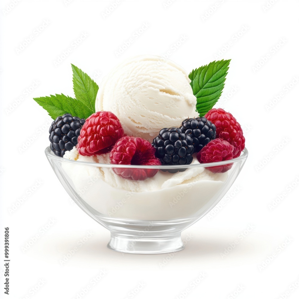 A delightful bowl of vanilla ice cream topped with fresh raspberries, blackberries, and mint leaves, perfect for a refreshing dessert. A delightful bowl of vanilla ice cream topped with fresh raspberries, blackberries, and mint leaves, perfect for a refreshing dessert.
