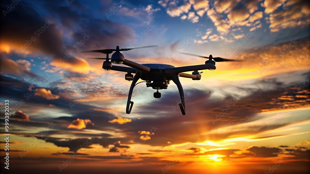 A black spying drone hovering in the evening sky A black spying drone hovering in the evening sky