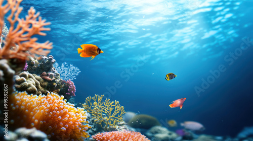 Fototapeta Naklejka Na Ścianę i Meble -  vibrant coral reef with tropical fish swimming gracefully among colorful corals and sea plants, creating serene underwater scene