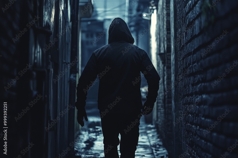 A thief in dark clothing sneaking through a back alley after stealing goods, creating a moody and dangerous scene. A thief in dark clothing sneaking through a back alley after stealing goods, creating a moody and dangerous scene.