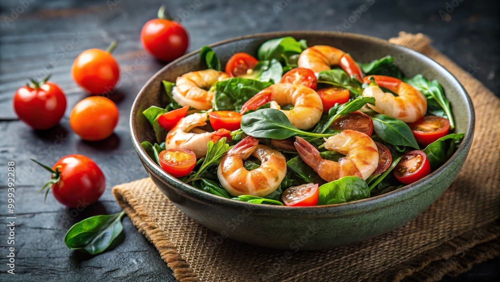A bowl of shrimp with a bowl of spinach and tomatoes isolated on white background A bowl of shrimp with a bowl of spinach and tomatoes isolated on white background