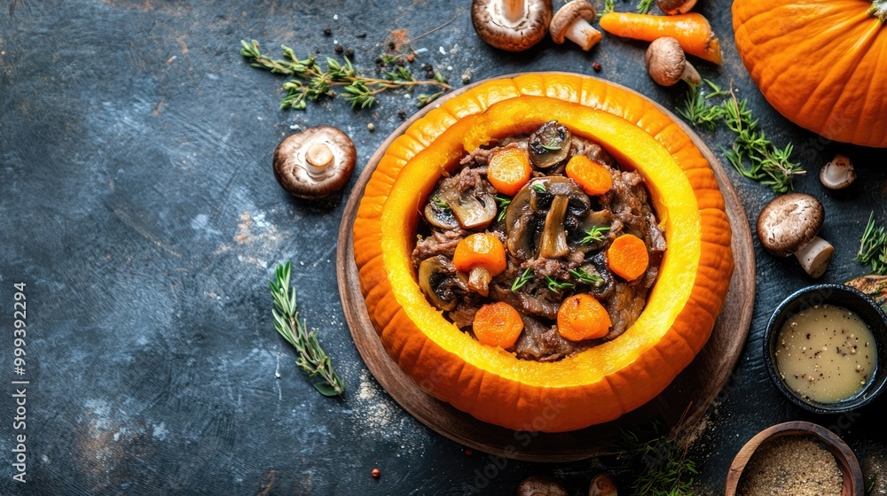 Harvest meal baked pumpkin filled with beef mushrooms and carrots overhead angle Harvest meal baked pumpkin filled with beef mushrooms and carrots overhead angle