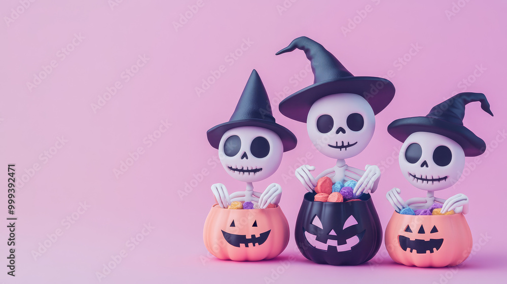Three skeletons wearing black hats and holding candy in their hands Three skeletons wearing black hats and holding candy in their hands