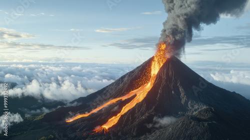 stunning wide shot of volcanic eruption showcases powerful display of natures fury, with lava flowing down mountainside and smoke billowing into sky