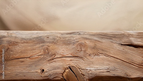 A close-up of a rough wooden plank with visible grain and deep textures, set against a softl  photo