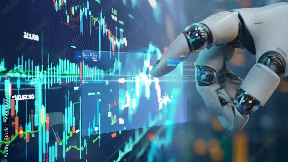 Artificial intelligence robot hand touching stock market chart with ...