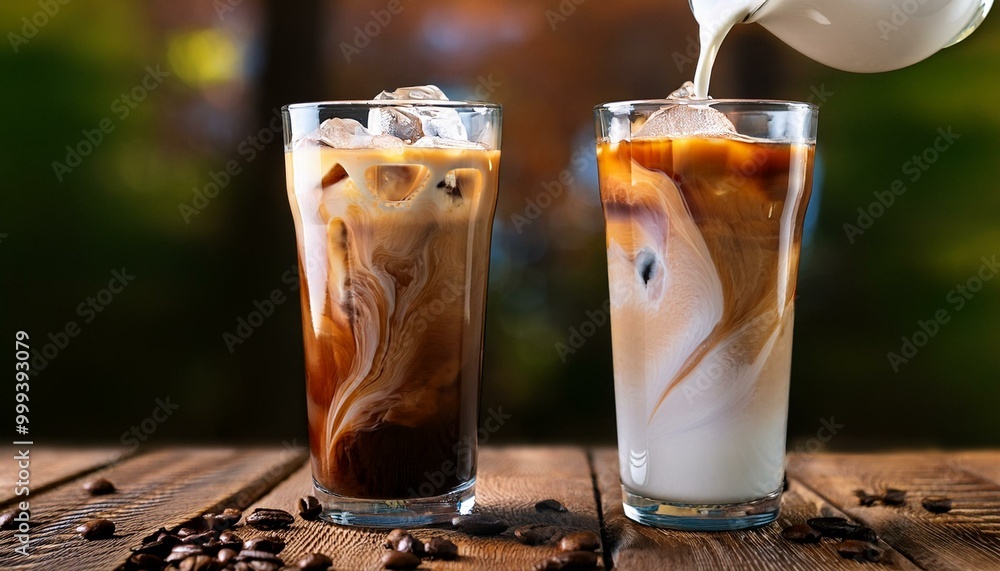 A pair of iced coffee glasses side by side on a wooden surface, one with milk pouring in, cr A pair of iced coffee glasses side by side on a wooden surface, one with milk pouring in, cr