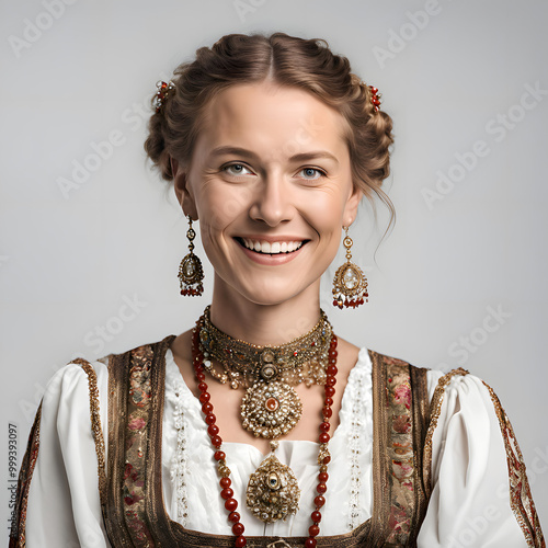 Beautiful Nordic woman on traditional clothes and jewelries smiling to camera   photo