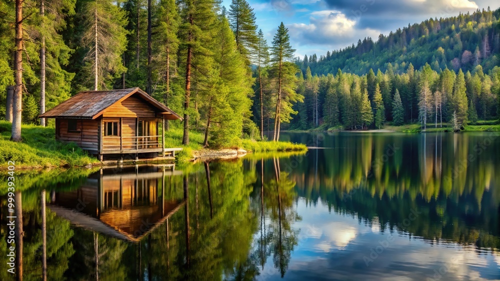 A cozy cabin surrounded by trees with a lake in the background A cozy cabin surrounded by trees with a lake in the background