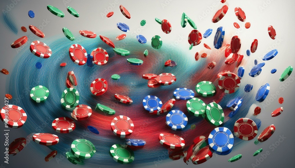 A spiral of vivid casino chips in shades of blue, red, and green, gently falling against a s A spiral of vivid casino chips in shades of blue, red, and green, gently falling against a s