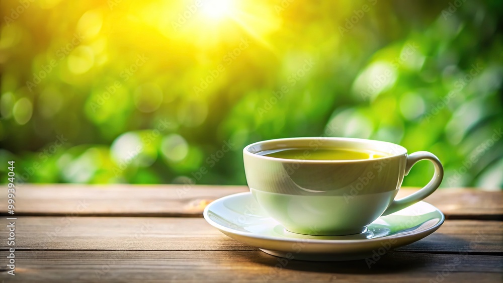 Obraz premium A cup of green tea on a saucer catching sunlight on a table Macro