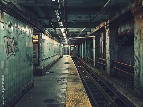 An underground subway station with graffiti-adorned walls, dim lighting, and visible train tracks, conveying an abandoned and urban atmosphere. photo