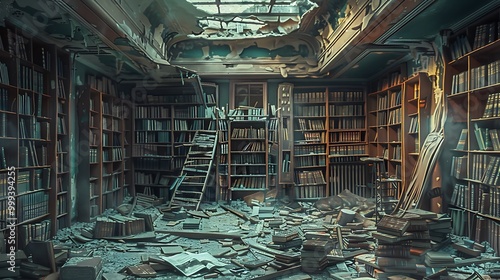 A hauntingly beautiful, abandoned library with crumbling bookshelves, scattered debris, and a broken ceiling, evoking a sense of decay and lost knowledge.