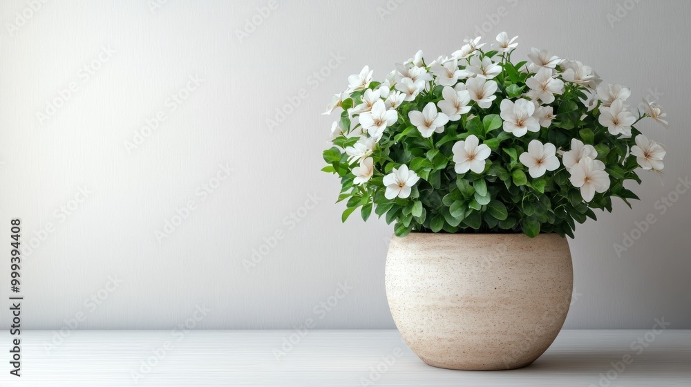 A decorative potted plant with white flowers on a minimalist surface. A decorative potted plant with white flowers on a minimalist surface.
