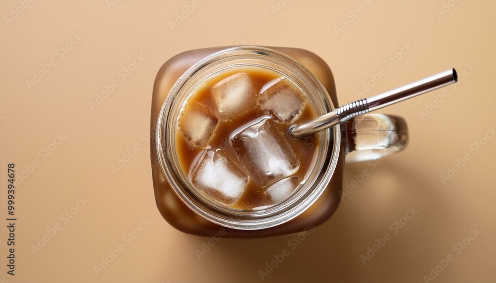 Minimalistic overhead view of a mason jar filled with iced coffee, ice cubes floating at the Minimalistic overhead view of a mason jar filled with iced coffee, ice cubes floating at the