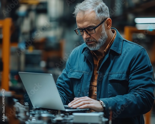 Middleaged engineer with glasses in factory, working on laptop, examining equipment, producing electronic components for various industries