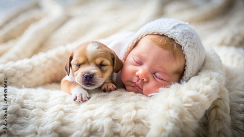 A heartwarming image of a baby and a puppy napping together A heartwarming image of a baby and a puppy napping together
