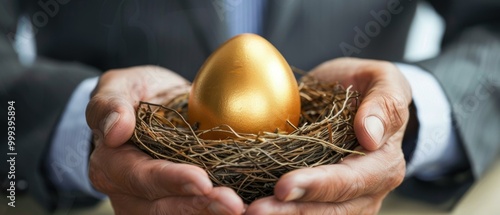 A golden egg in a nest is held in someone's hands. AI.