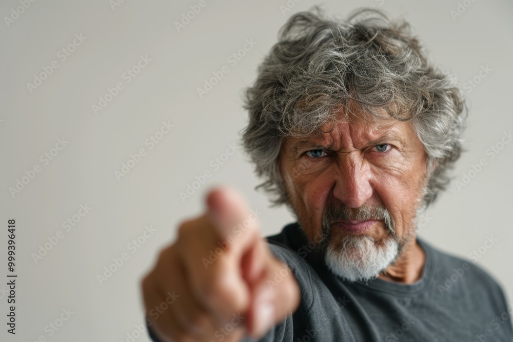 An angry man points his finger with a serious expression. AI. An angry man points his finger with a serious expression. AI.