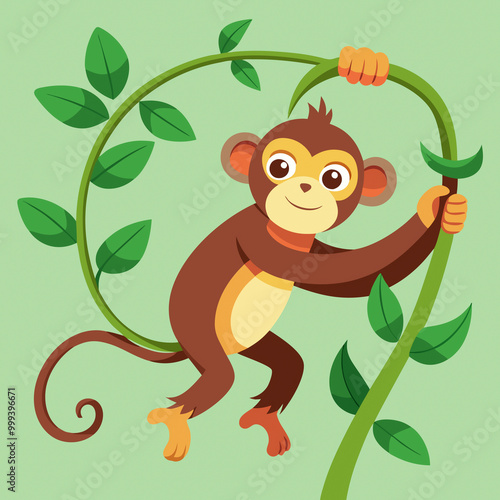 Playful Cartoon Monkey Climbing a Vine: Perfect Vector Illustration for Jungle-Themed Graphics and Ads photo