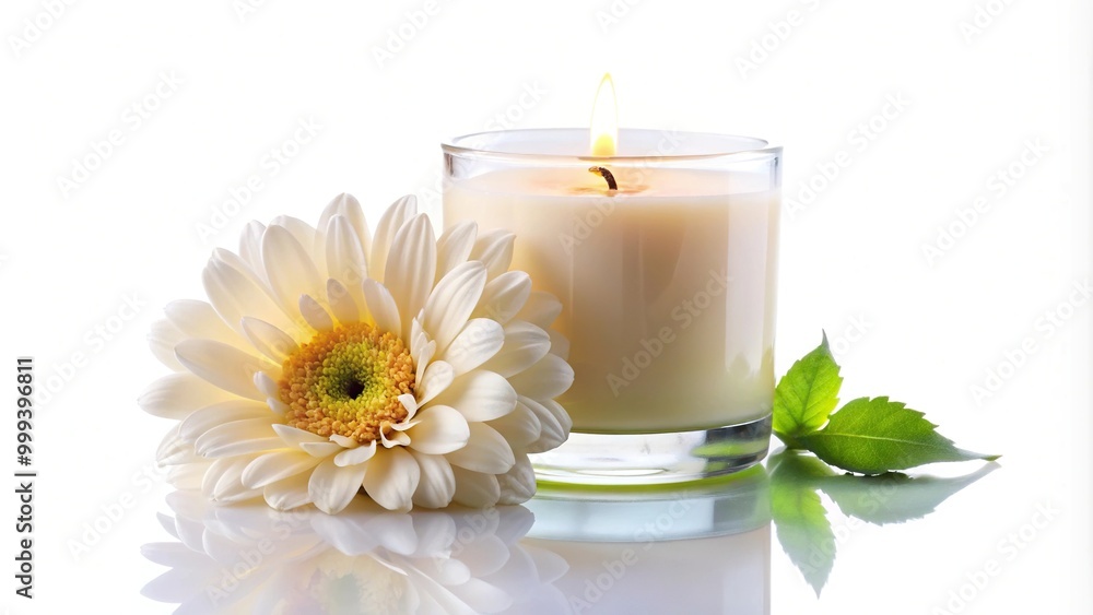 A medium shot of an aroma candle with flowers on a white background A medium shot of an aroma candle with flowers on a white background