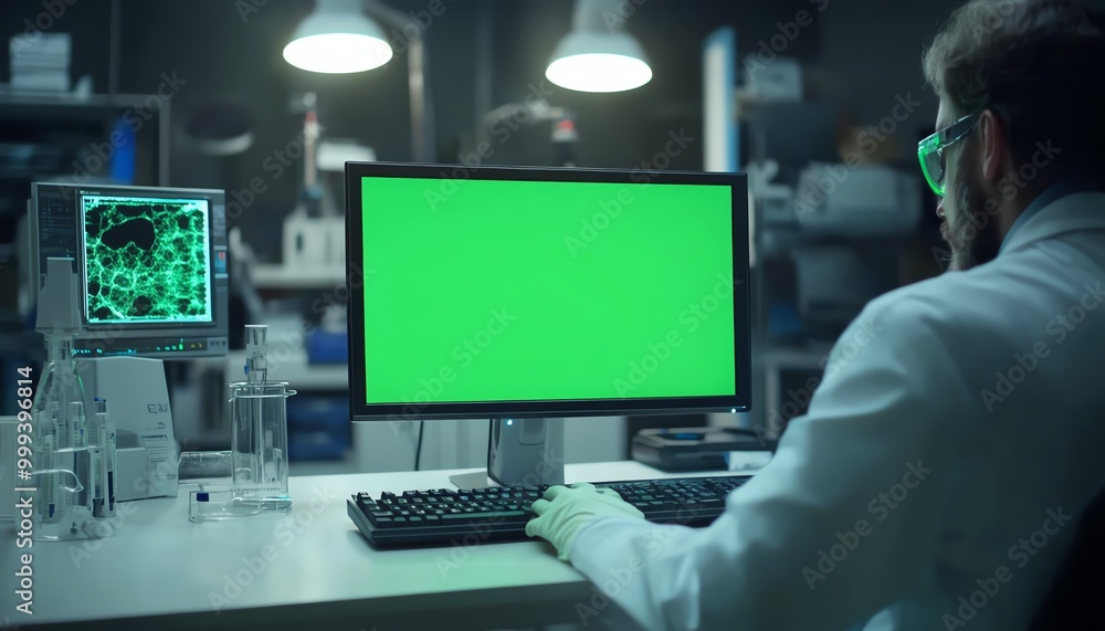 White lab coat scientist using green screen computer, advanced medical lab environment, focusing on healthcare research and analysis, hightech hospital