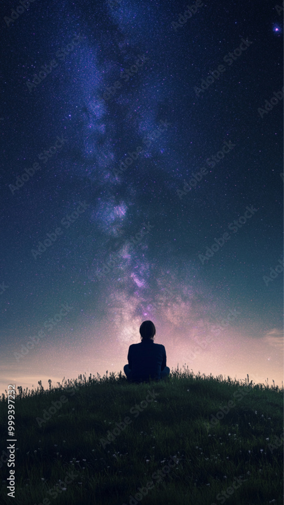 A person sitting alone on a grassy hill, gazing up at the vast, star-filled sky. The Milky Way stretches across the heavens, and the figure seems small compared to the infinite cosmos, yet filled with A person sitting alone on a grassy hill, gazing up at the vast, star-filled sky. The Milky Way stretches across the heavens, and the figure seems small compared to the infinite cosmos, yet filled with