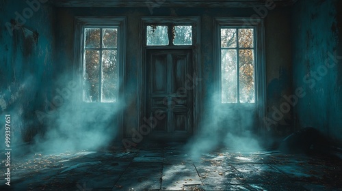 Vintage Halloween haunted house with cobwebs creaky doors and ominous shadows