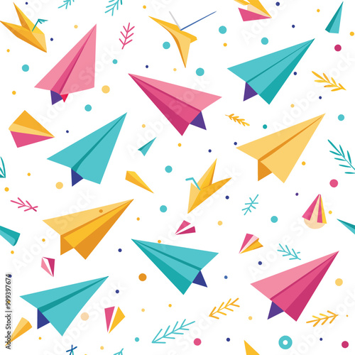 A vibrant pattern featuring colorful paper planes surrounded by confetti perfect for scrapbooking party invitations or creative design projects
