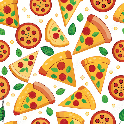 A vibrant seamless pattern showcasing whole pizzas and slices decorated with pepperoni and fresh green leaves ideal for various design applications