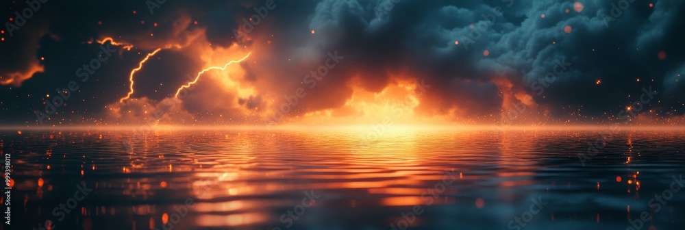 Lightning Reflection, striking bolts illuminate water's surface, sharp details contrast with soft surroundings, a captivating natural spectacle