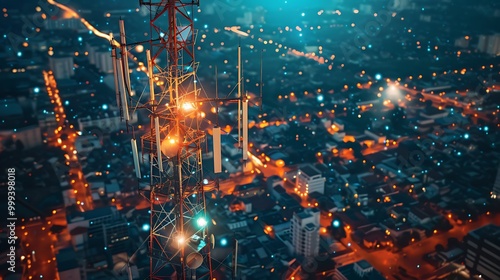 Aerial view of a communication tower illuminated over a cityscape at night.