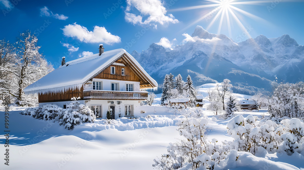 Naklejka premium Charming Bavarian Austria Winter House in Countryside Idyll – Perfect File for Print & Decoration, generated ai