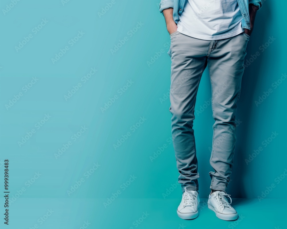 Casual Young Man in Stylish Denim and Sneakers Against Blue Background - Lifestyle Individual Style and Fashion Concepts Casual Young Man in Stylish Denim and Sneakers Against Blue Background - Lifestyle Individual Style and Fashion Concepts