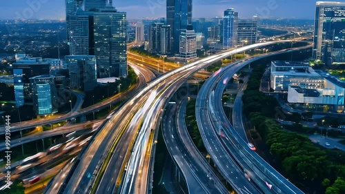 Witness hustle bustle urban life captivating 4K aerial timelapse car traffic city roads stunning topdown view captures vibrant cityscape cars move flurry light streaks representing dynamic